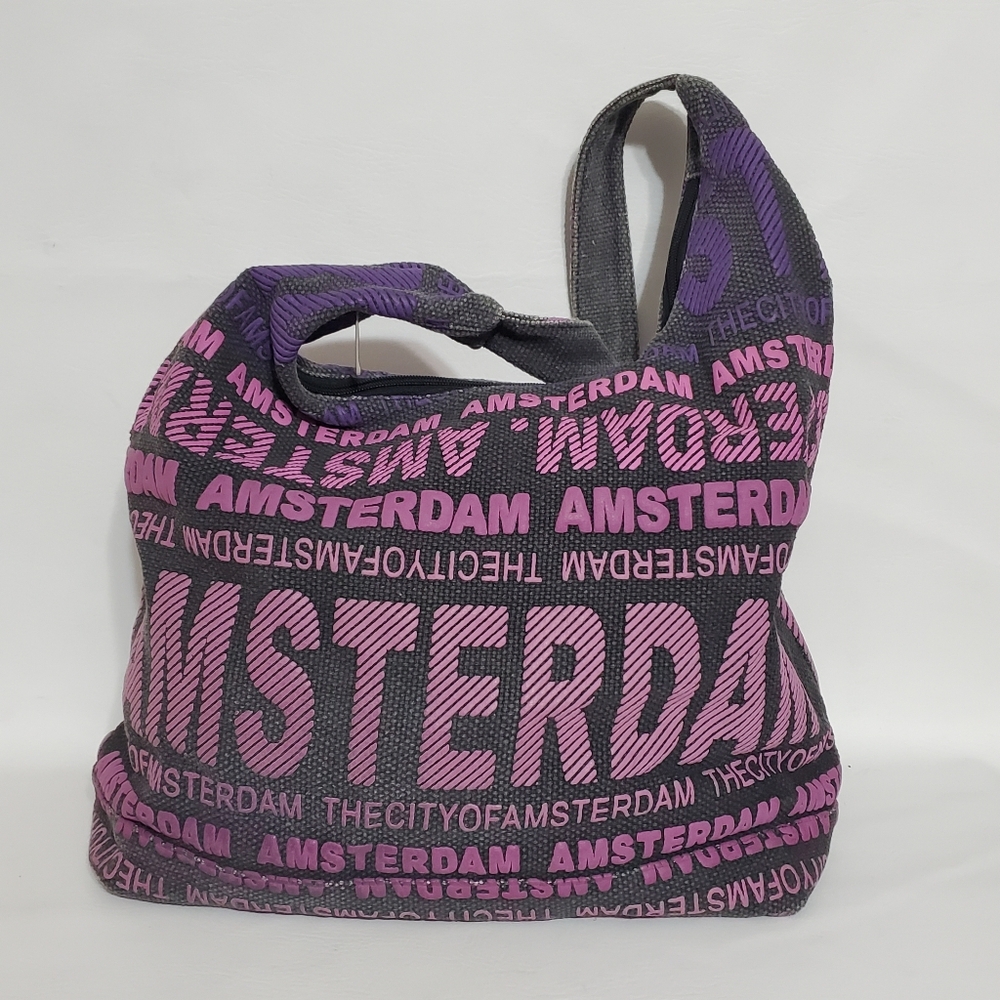Robin Ruth Amsterdam Text Print Purple and Pink Women's Hobo Bag 100% Cotton - Picture 3 of 10